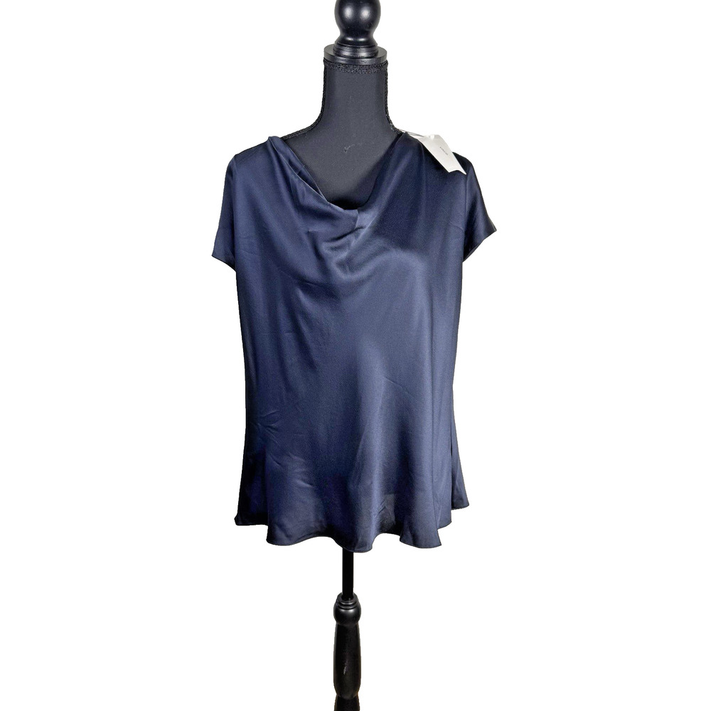 Vince 100% Silk XL Cobalt Cowl Neck Short Sleeve Flowy Minimalist Top NWT $295